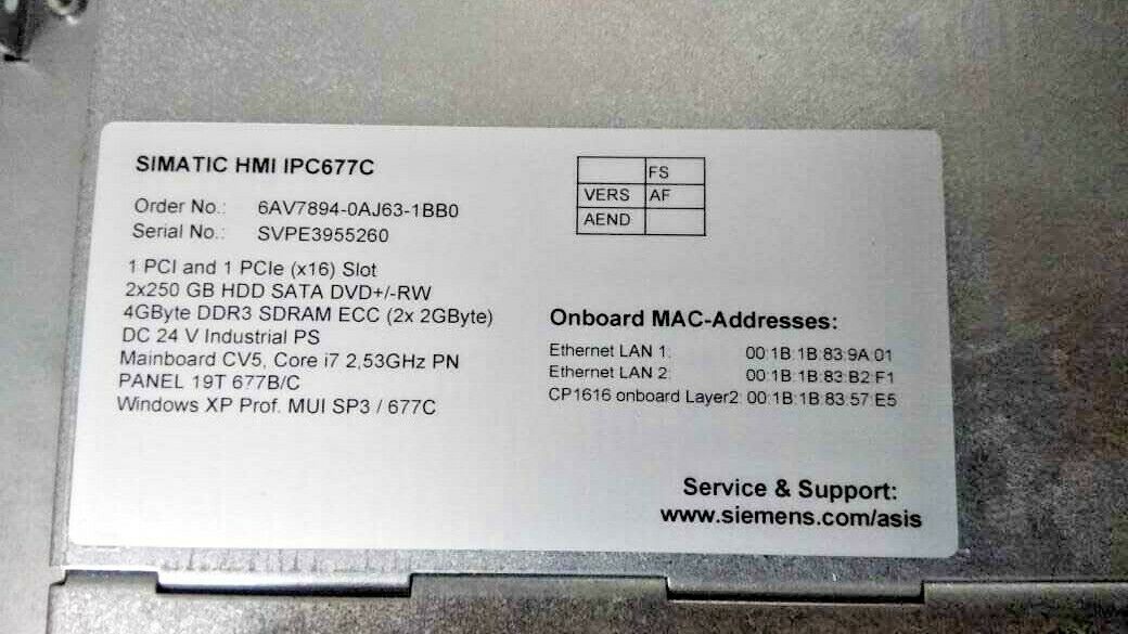 Siemens Simatic HMI IPC677C 6AV7894-0AJ63-1BB0 Intel Core i7 DC 24V CV5